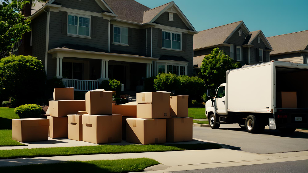 Moving truck parked outside a suburban home with moving boxes on the lawn