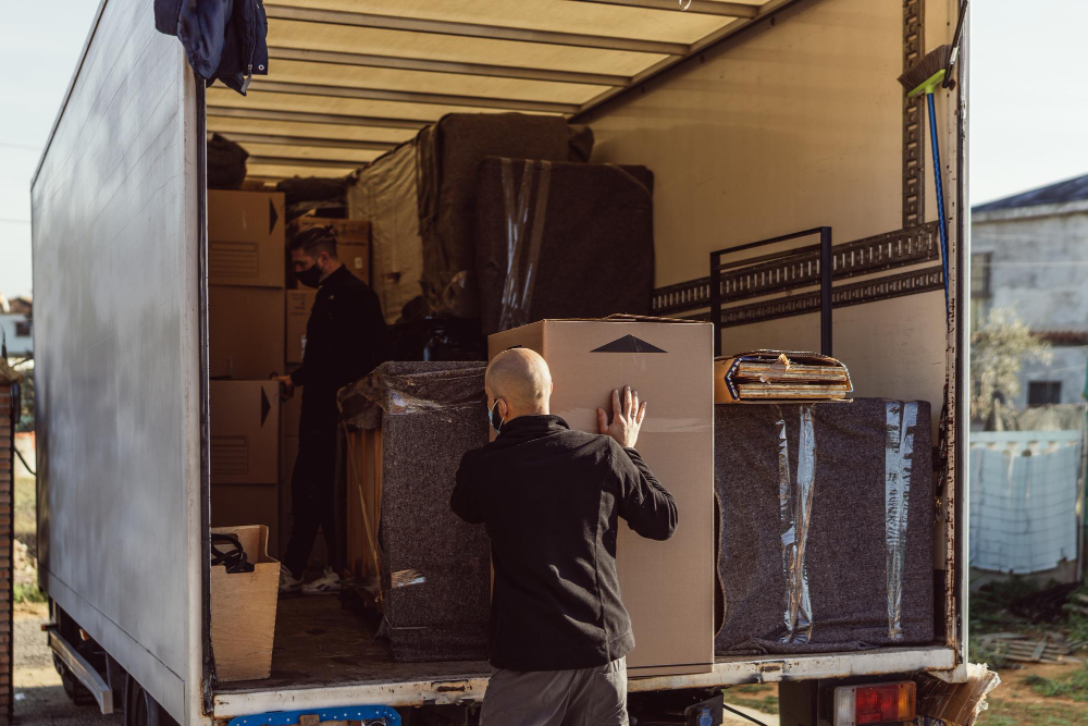 Movers loading a truck with carefully packed boxes