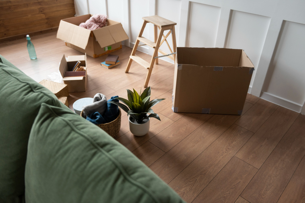 Living room filled with unpacked moving boxes and houseplants