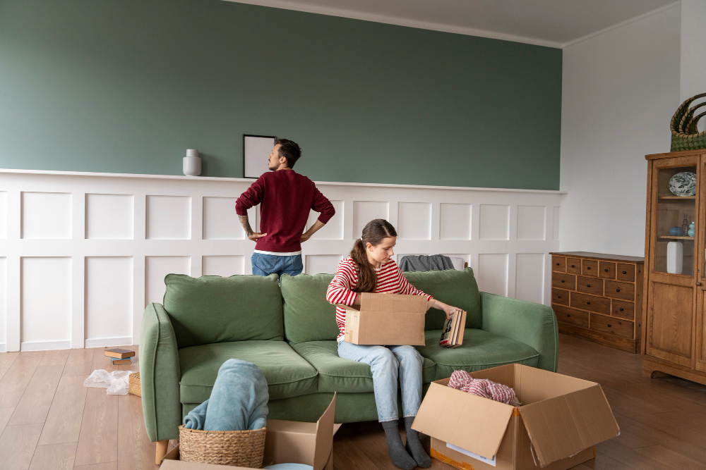 Couple unpacking boxes in their new home living room